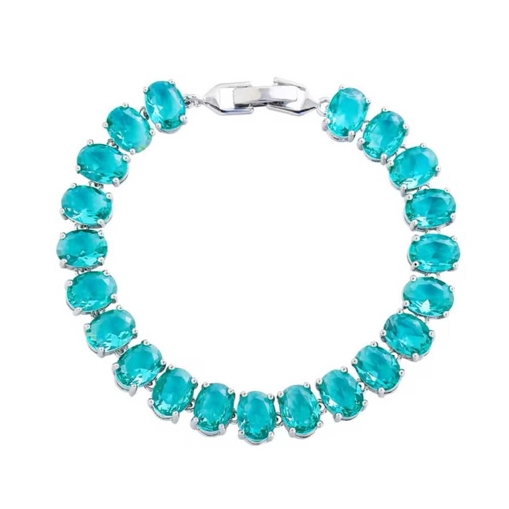 Aqua Green Cubic Zirconia Silver Color Oval CZ Tennis Link Chain Bracelet